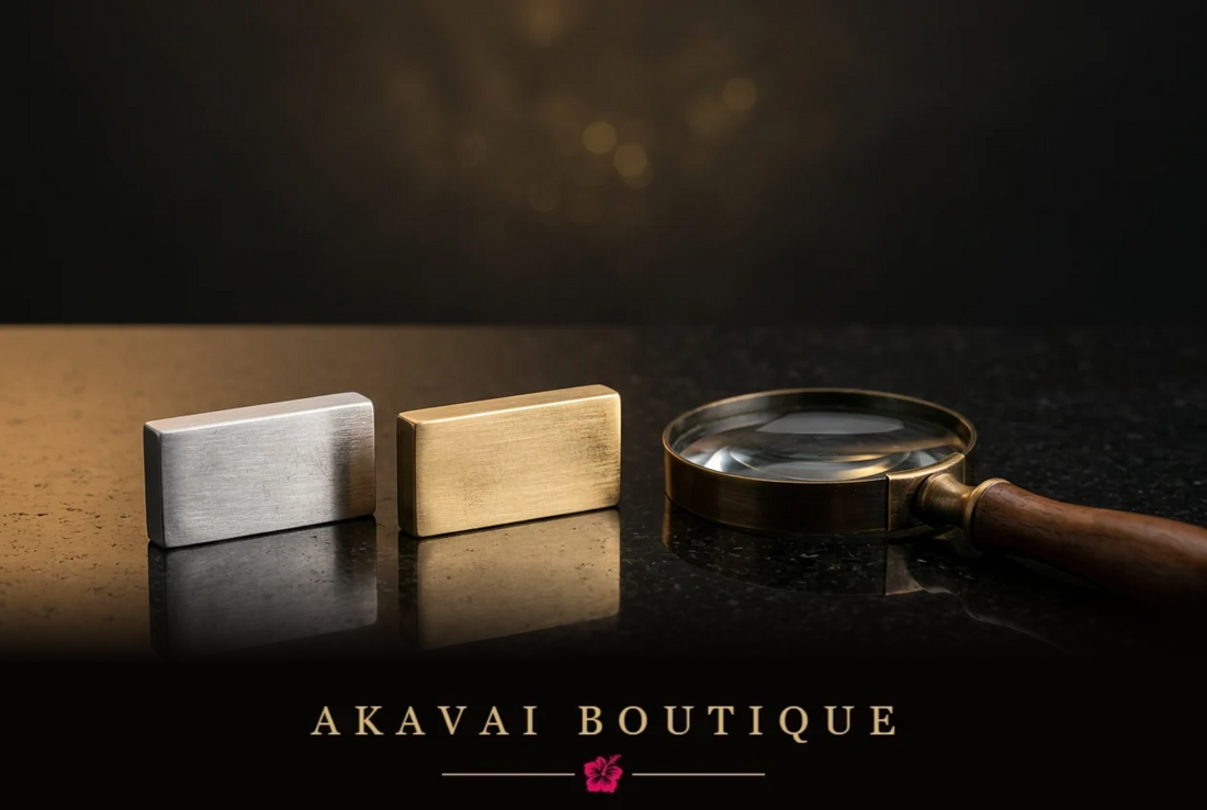 Deux plaquettes de métal, l'une argentée et l'autre dorée, posées à côté d'une loupe sur une surface sombre - Akavai Boutique