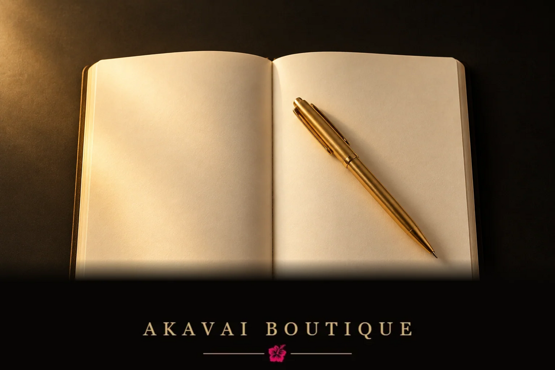 Carnet et stylo doré sur fond noir, ambiance intime, premiers retours clients Akavai Boutique