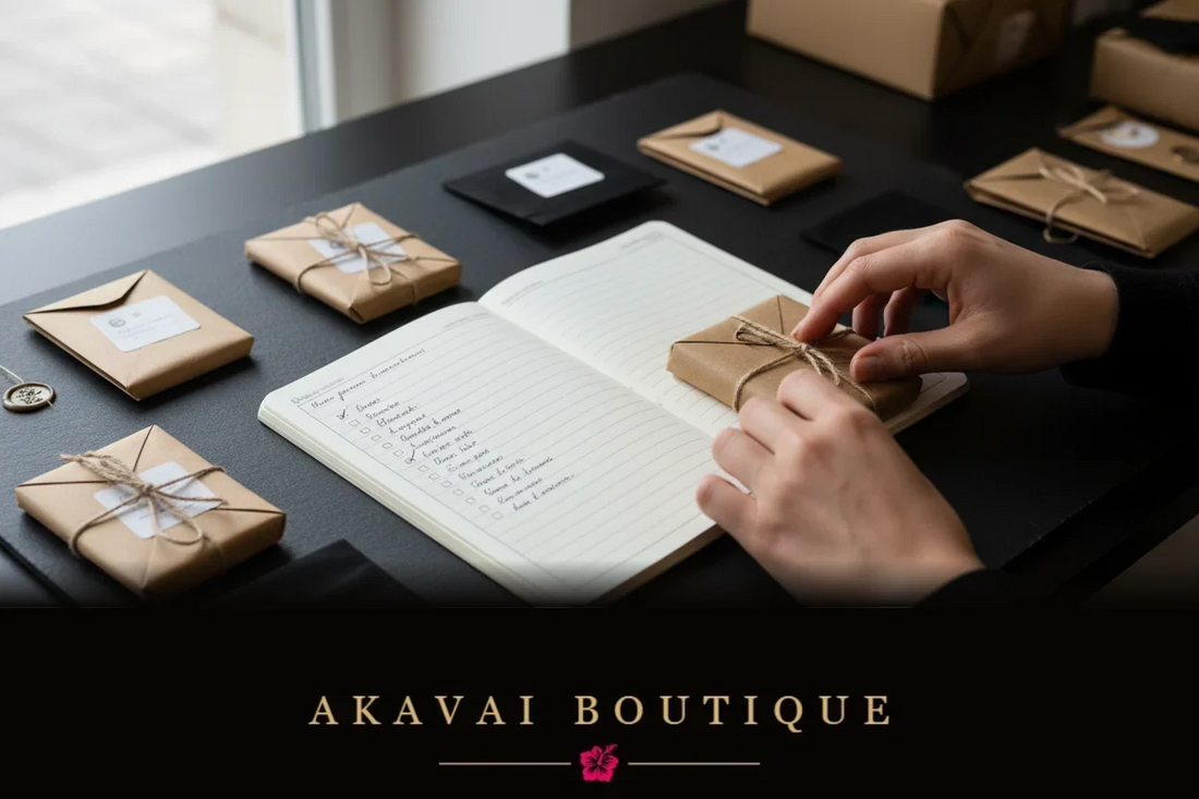 Mains préparant une carte dans un colis de bijoux, avec plusieurs paquets emballés sur un bureau noir, lumière naturelle douce