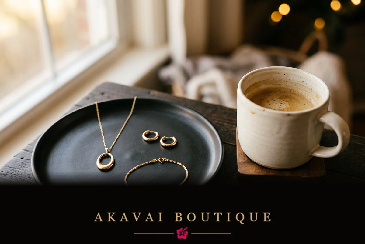 Collier à pendentif ovale, petites créoles et bracelet fin dorés sur un plateau noir, près d’une tasse de café, dans la lumière douce du matin.