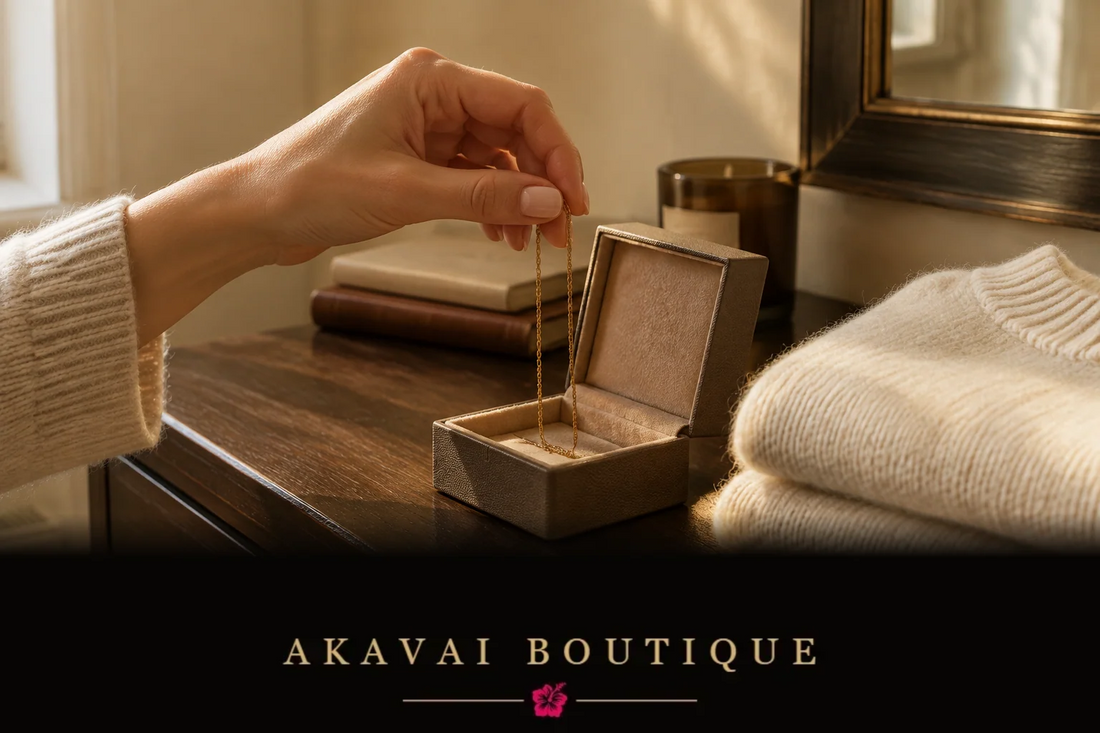 Main soulevant un collier doré dans une boîte à bijoux ouverte, sur une commode en bois, près d’un pull crème, dans une lumière chaude.