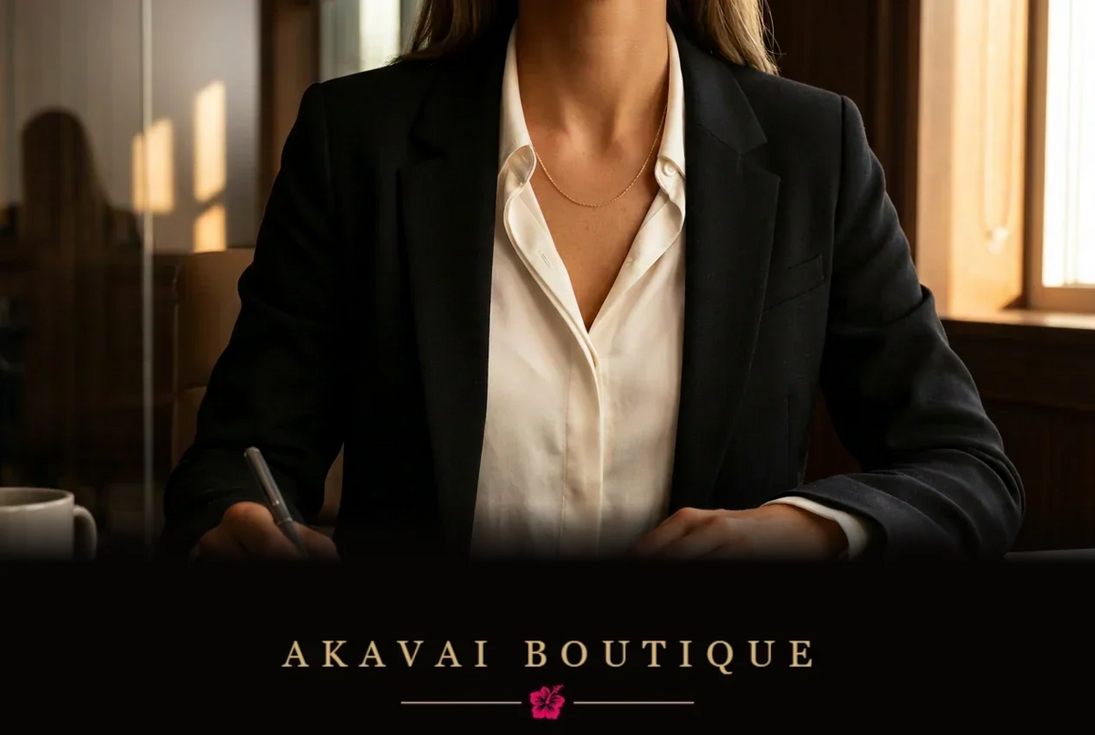 Femme en blazer noir et chemise ivoire, un collier doré fin au cou, notant quelque chose à son bureau avant une réunion