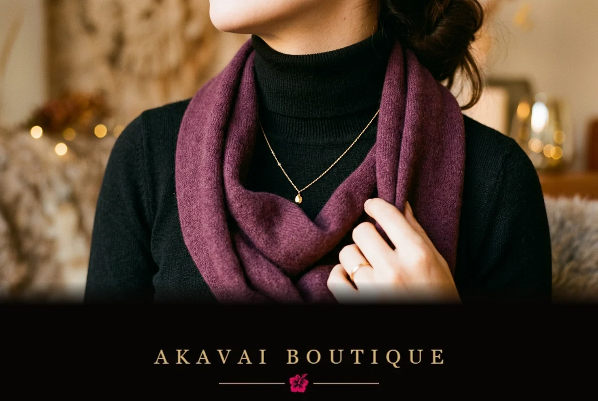 Collier doré fin discrètement visible sous une écharpe, ambiance hivernale – Akavai Boutique
