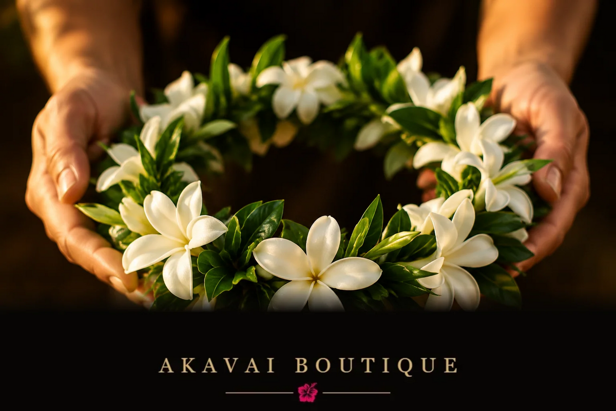 Couronne de fleurs traditionnelle offerte en signe de bienvenue, geste d’accueil polynésien, ouverture d’Akavai Boutique.