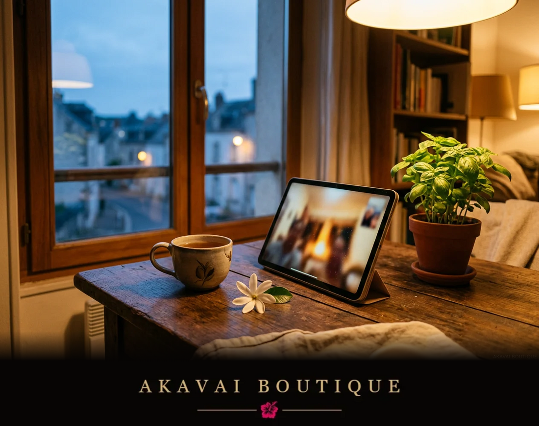 Visio en famille sur une tablette posée sur une table en bois, avec une tasse, une fleur de tiare et du basilic - Akavai Boutique