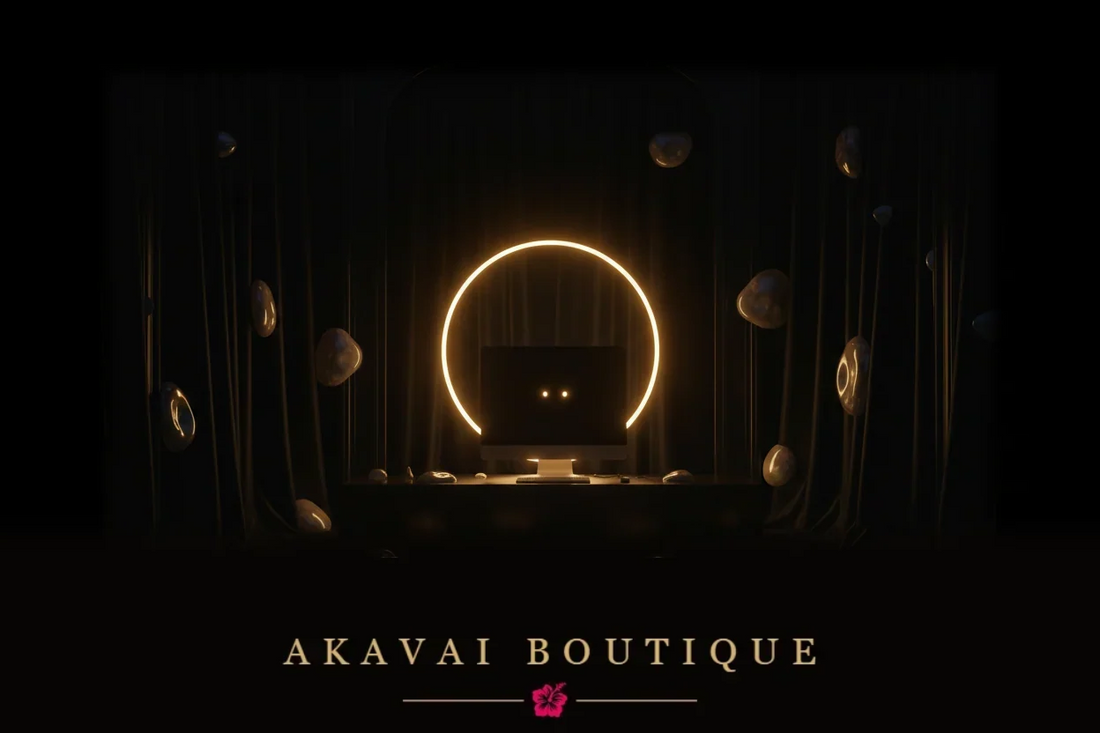 Écran lumineux entouré de perles dorées dans l'obscurité évoquant une présence bienveillante - Akavai Boutique