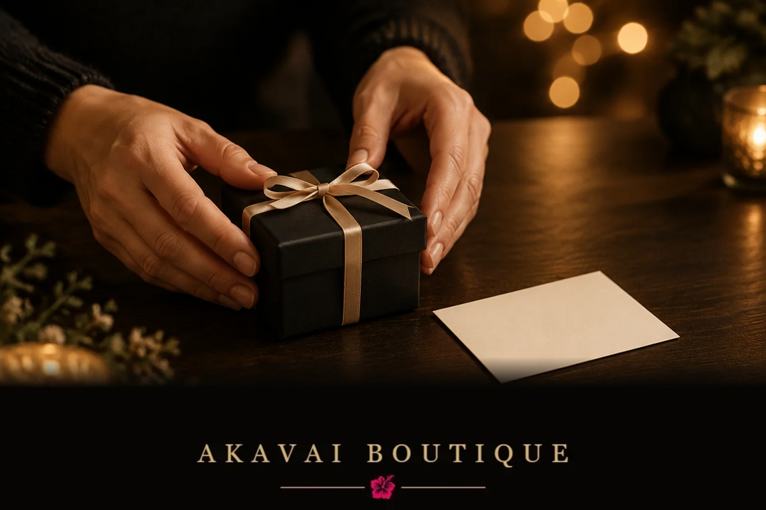 Mains autour d’un écrin noir noué d’un ruban champagne, carte vierge sur une table sombre, lumières dorées en arrière-plan
