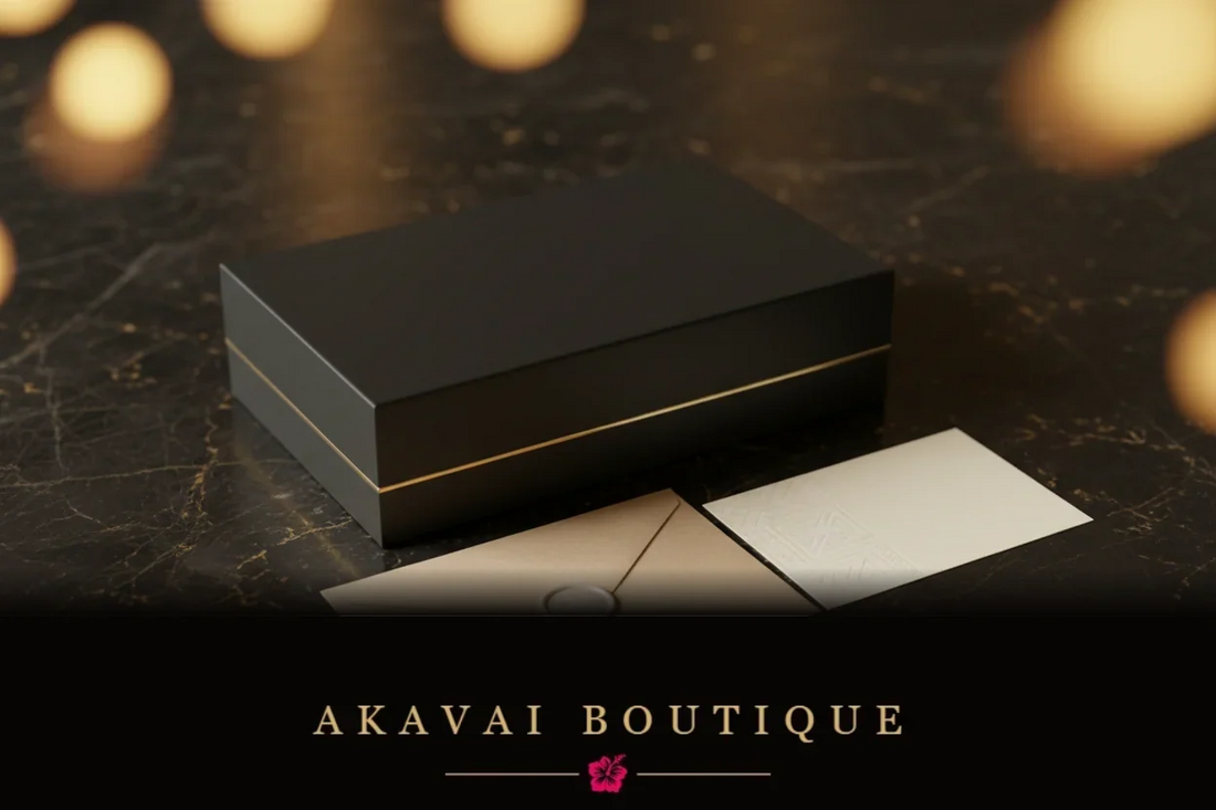 Emballage sobre et élégant Akavai Boutique - boîte noire liseré doré et enveloppe kraft sur marbre noir