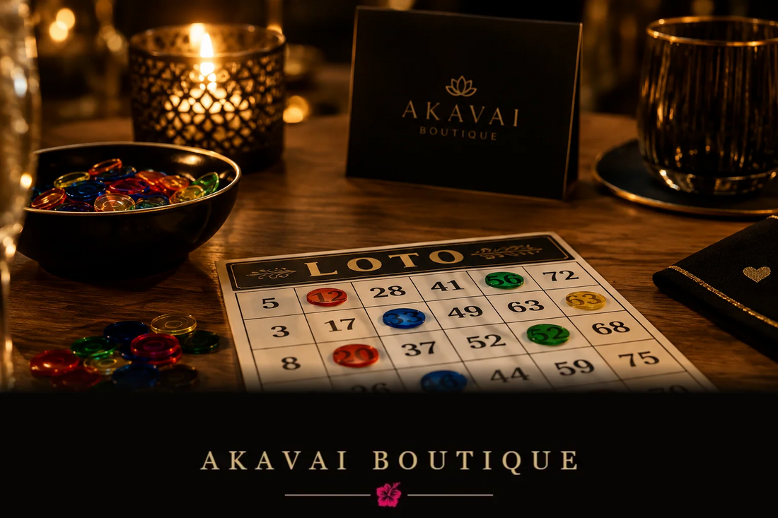 Grille de loto et jetons colorés, ambiance conviviale d’une soirée en communauté, esthétique Akavai Boutique