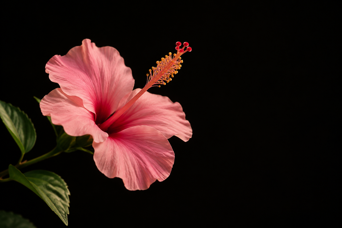 Fleur d'hibiscus rose délicate sur fond noir, lumière douce, ambiance sobre et bienveillante, pas de texte superposé. Texte alternatif : "Hibiscus rose, symbole de l'engagement Octobre Rose d'Akavai Boutique."