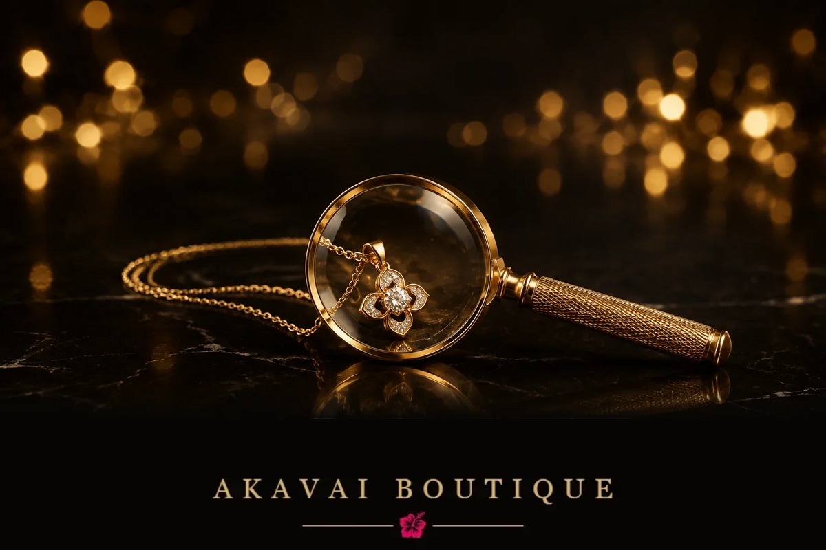 Loupe posée sur un bijou doré, fond noir, ambiance de vérification minutieuse avant l’ouverture d’Akavai Boutique