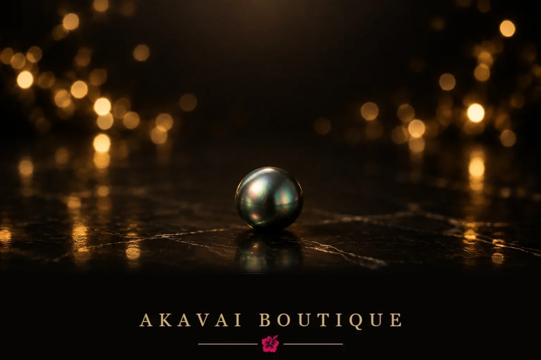 Perle de Tahiti posée seule sur une surface noire réfléchissante, lumières dorées en arrière-plan, ambiance de silence avant l’ouverture d’Akavai Boutique