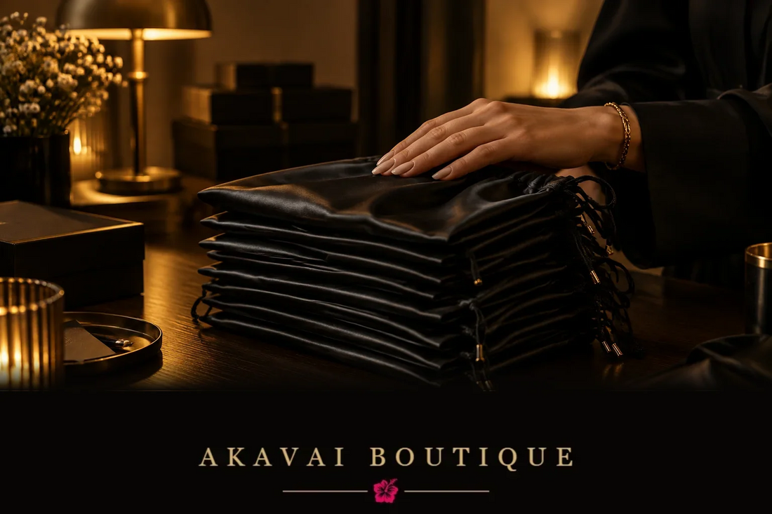Main posée sur des sachets prêts à l’envoi, ambiance calme avant l’ouverture d’Akavai Boutique