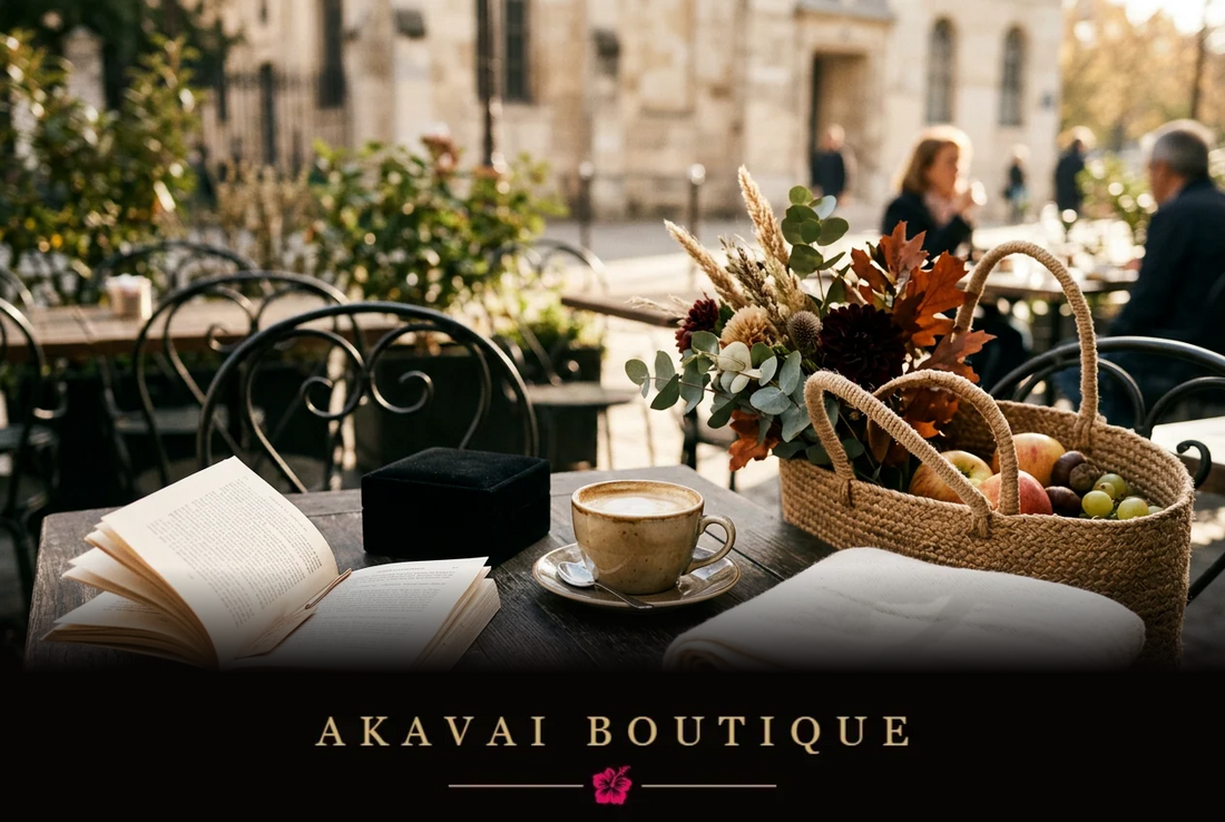Table de terrasse avec un livre ouvert, un café et un panier de marché garni, pour un samedi sans programme - Akavai Boutique