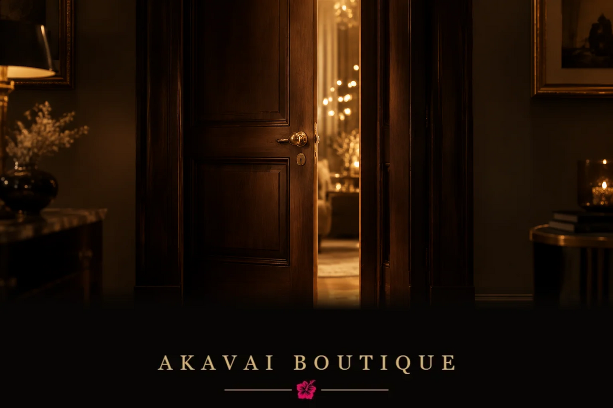 Seuil de porte en bois sombre entrouvert, lumière dorée douce filtrant à travers, petites lumières scintillantes en arrière-plan