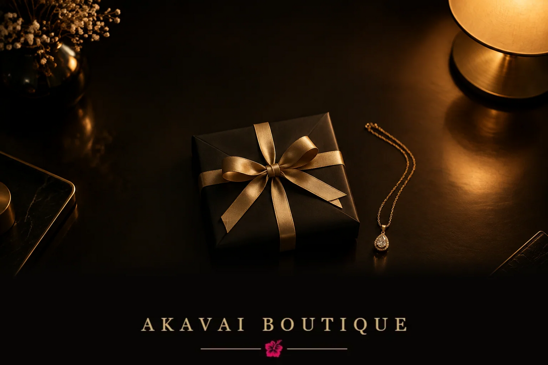 Table de travail dans la pénombre, emballage noir et bijou doré prêts pour la première commande, veille d’ouverture Akavai Boutique
