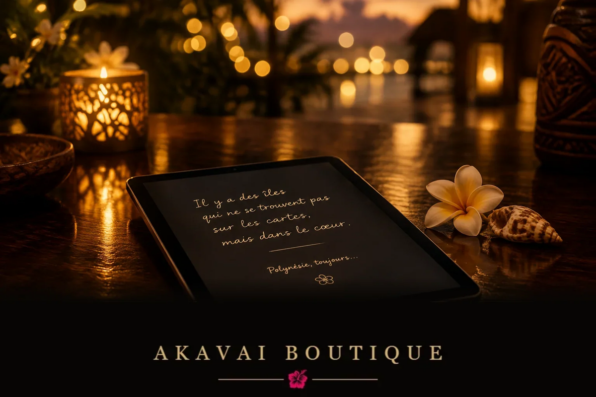 Une tablette posée sur une table sombre, lumière dorée et chaude, ambiance intime, évoquant le moment où le nom Akavai est devenu officiel
