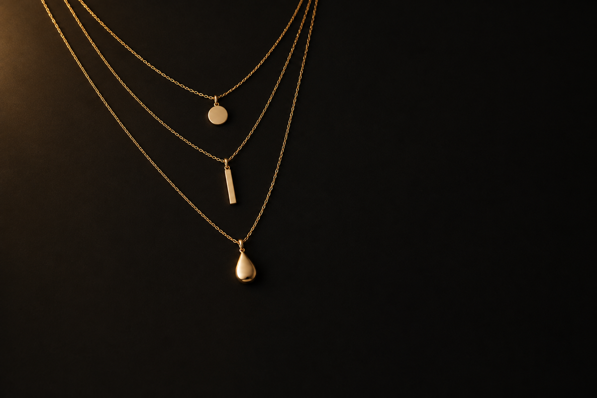 Trois colliers dorés superposés sur fond noir, éclairés d’une lumière dorée tamisée.