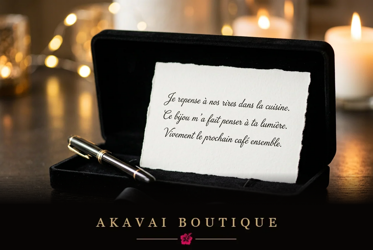 Petite carte manuscrite de trois lignes glissée dans un écrin en velours noir, à côté d'un stylo-plume - Akavai Boutique