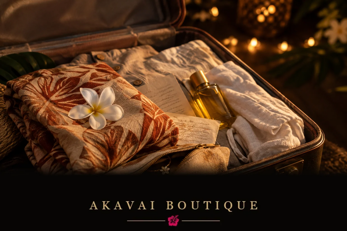 Valise ouverte, paréo plié, flacon de monoï et bijou doré, souvenirs du fenua à emporter en voyage