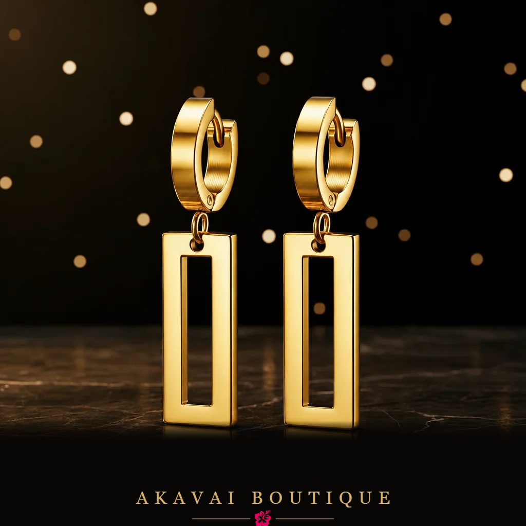 Boucles créoles pendentif rectangle dorées seules – Akavai Boutique