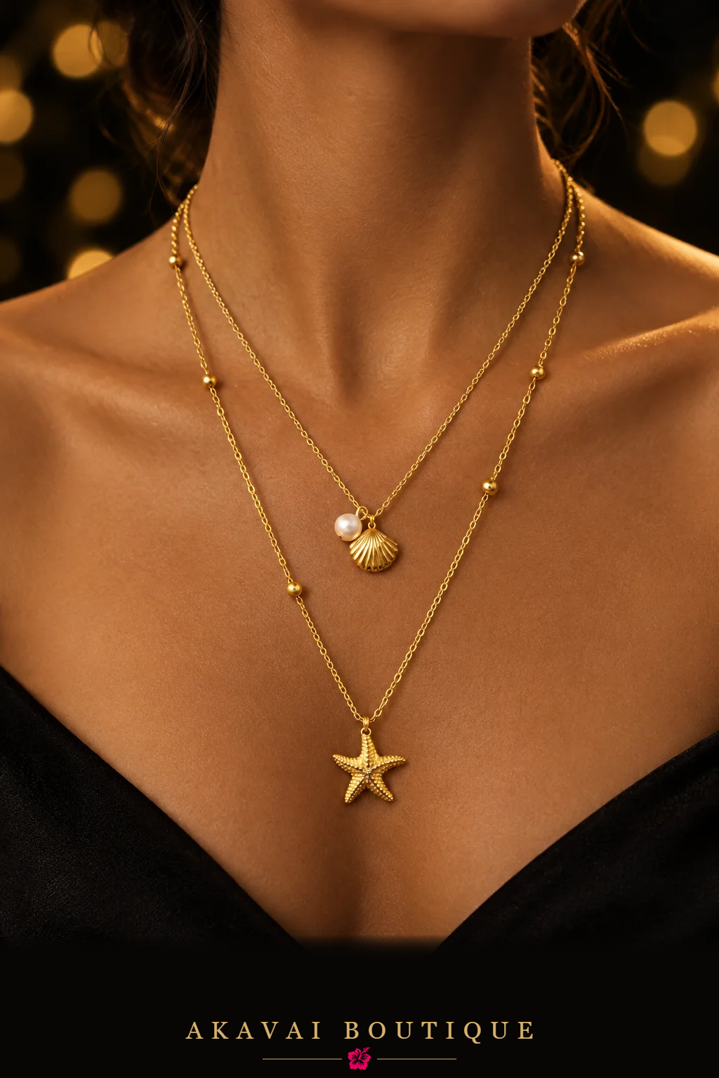 Collier acier doré étoile de mer et coquillage porté – Akavai Boutique