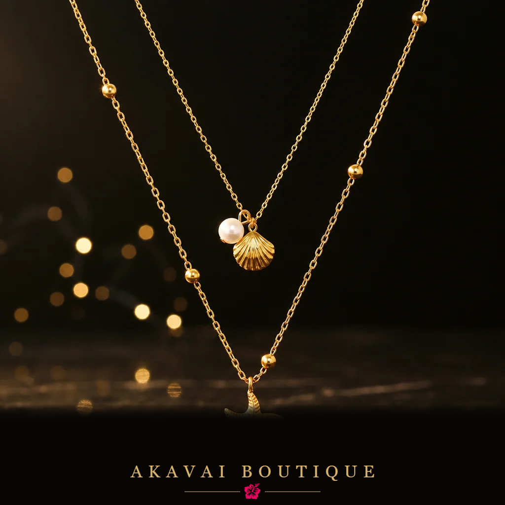 Collier acier doré étoile de mer et coquillage seul – Akavai Boutique
