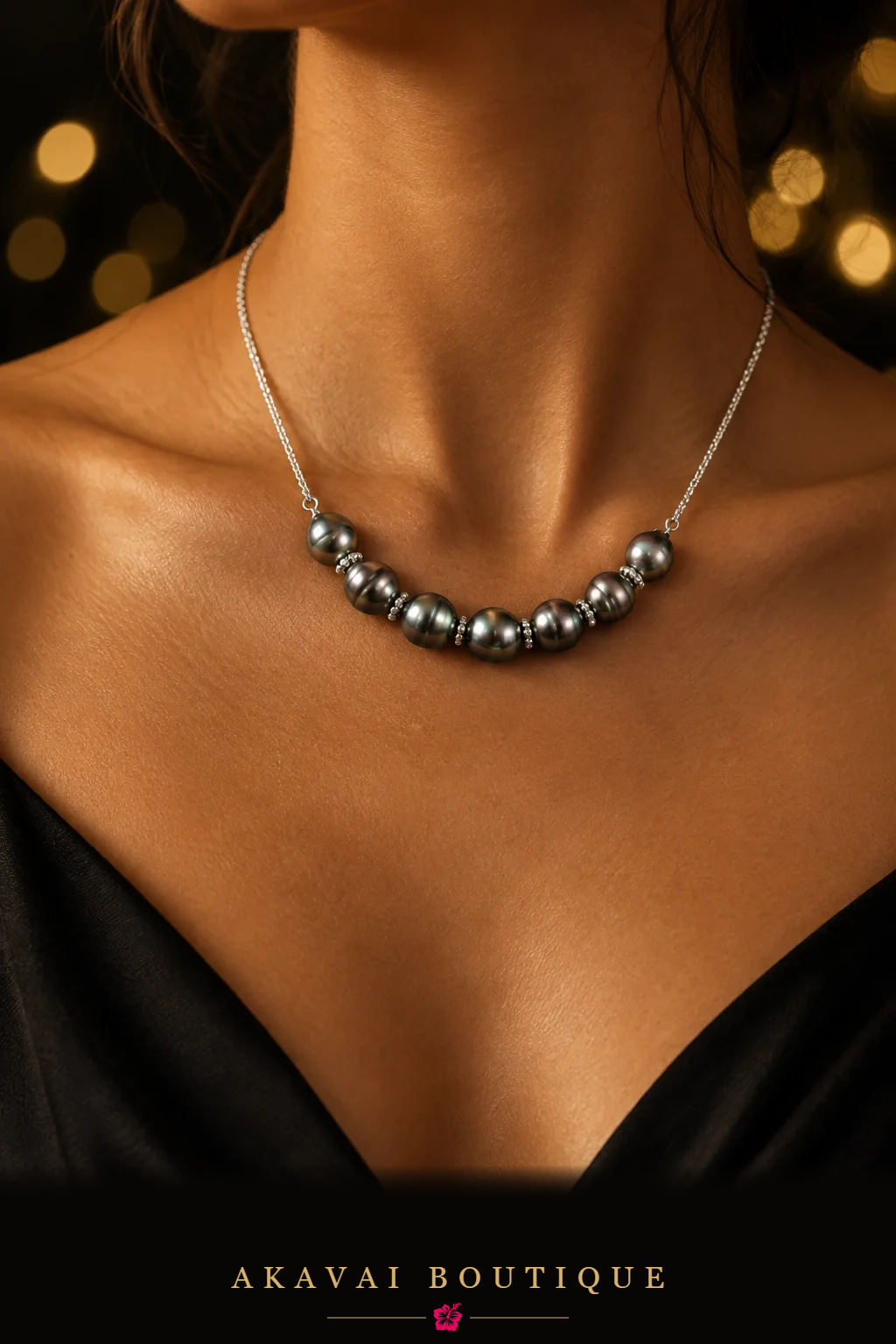 Collier balançoire sept perles de Tahiti argenté porté – Akavai Boutique