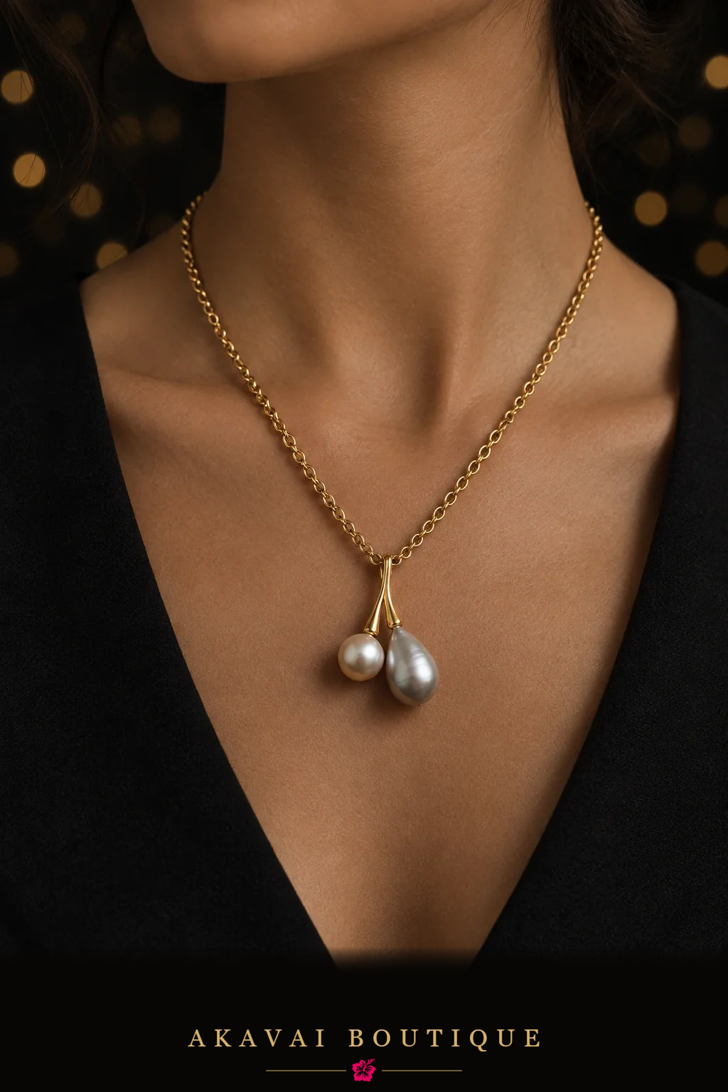 Collier deux perles de Tahiti acier doré porté – Akavai Boutique