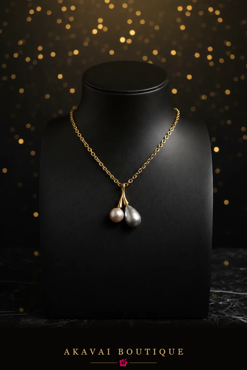 Collier deux perles de Tahiti acier doré sur buste noir – Akavai Boutique