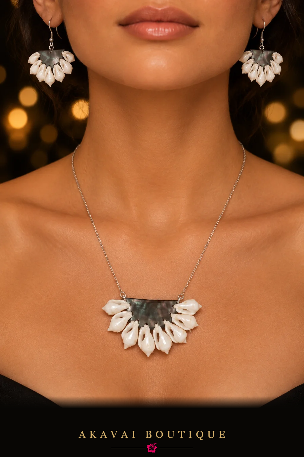 Parure TEMANA, collier et boucles d'oreilles portés – Akavai Boutique
