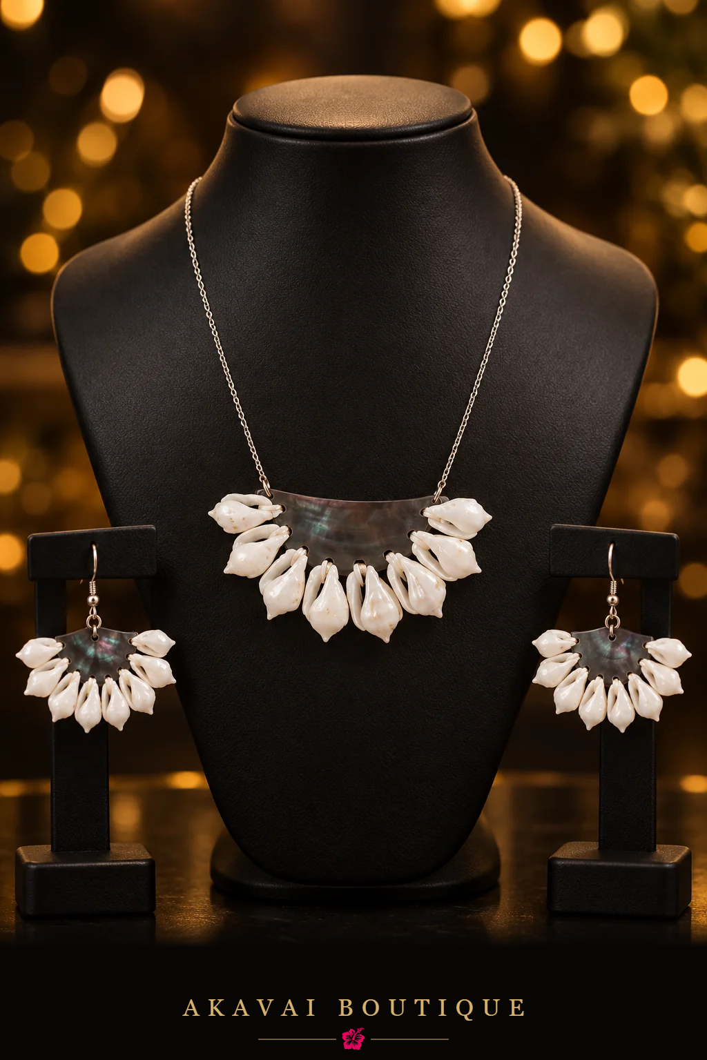 Parure TEMANA, collier sur buste et boucles sur supports noirs – Akavai Boutique
