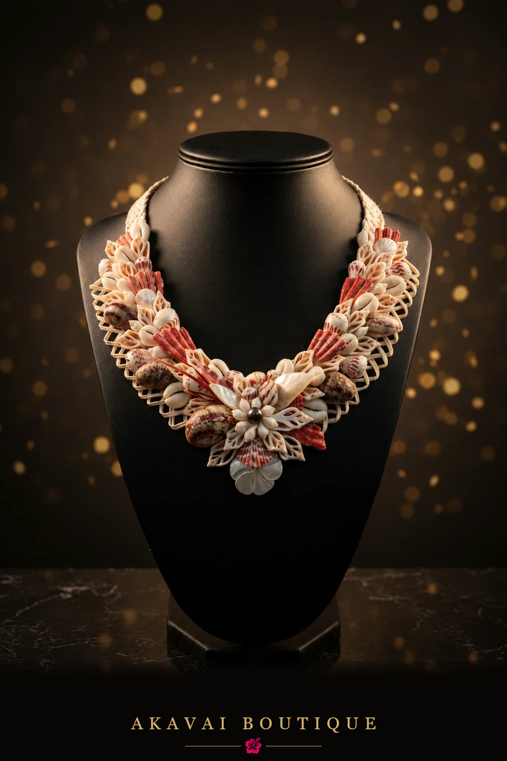 Collier URARII en coquillages rouges et blancs de Polynésie sur buste noir – Akavai Boutique