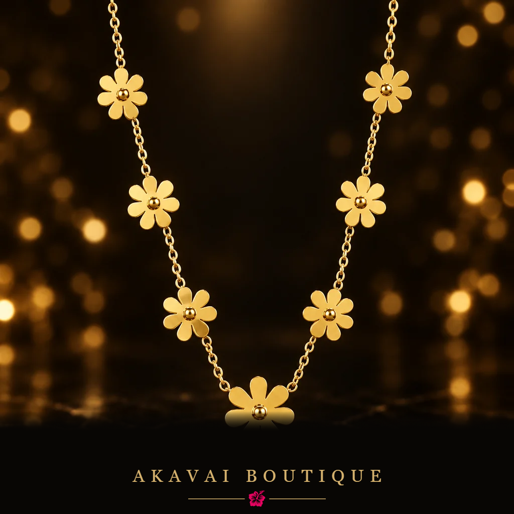 Collier Fleurs Dorées seul sur fond noir – Akavai Boutique