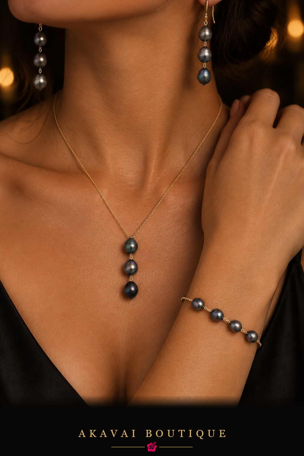 Parure de perles de culture de Tahiti portée – Akavai Boutique