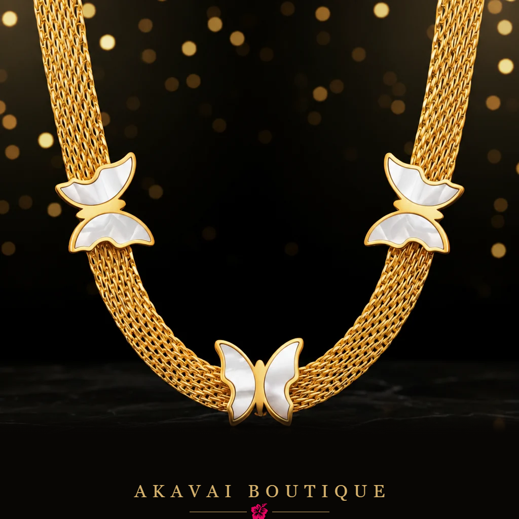 Ras-de-cou maille or papillons nacrés seul – Akavai Boutique