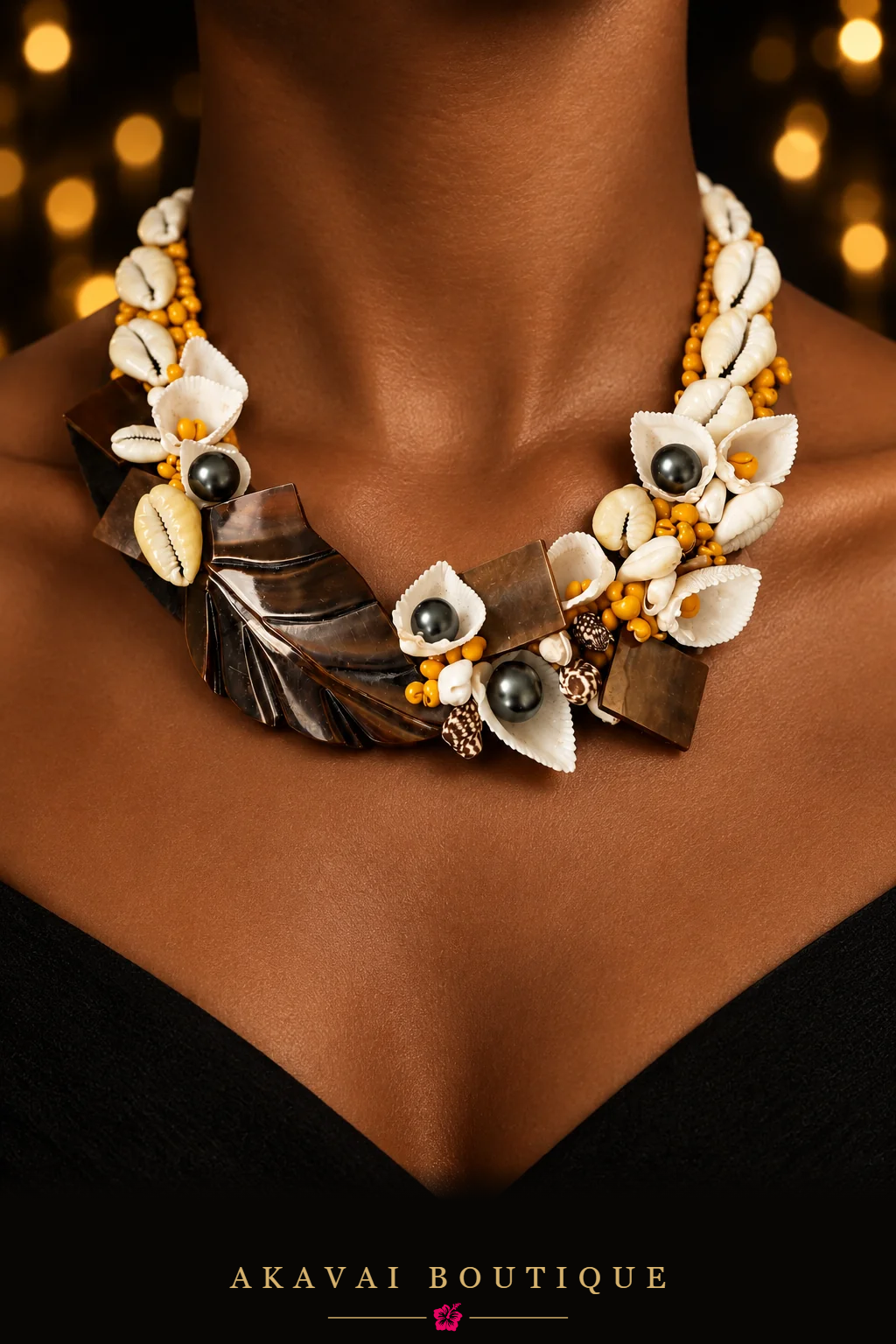 Ras-de-cou Mana Fenua en raphia, nacre et perles de Tahiti porté – Akavai Boutique