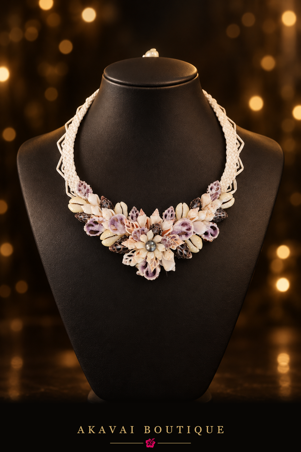 Collier UPEA en coquillages lilas taillés de Polynésie sur buste noir – Akavai Boutique