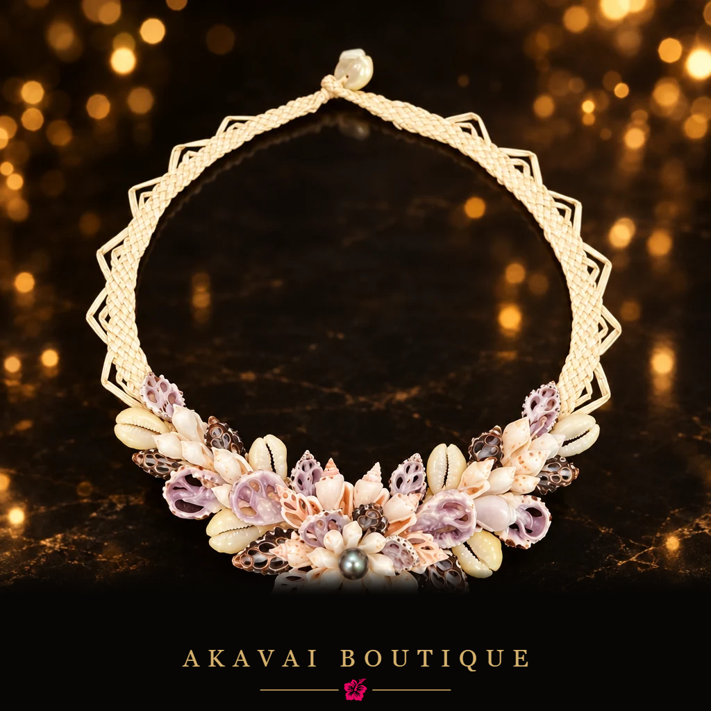 Collier UPEA en coquillages lilas taillés de Polynésie sur fond noir aux lumières dorées – Akavai Boutique