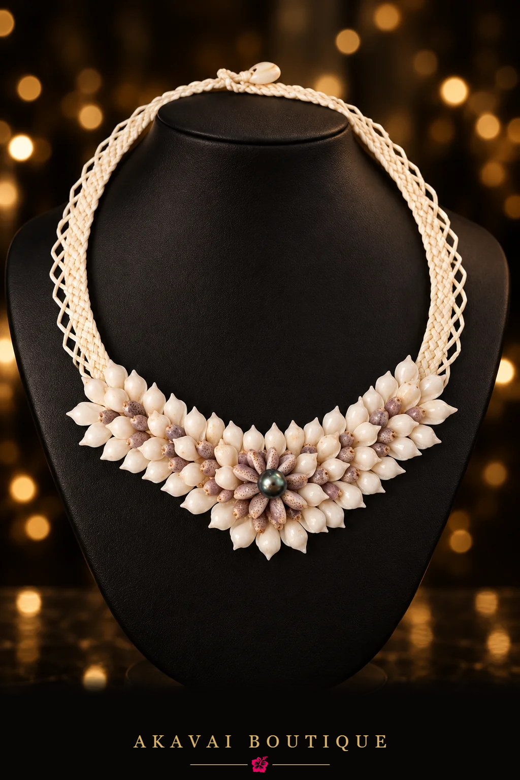 Collier UPEA en coquillages blancs taillés de Polynésie sur buste noir – Akavai Boutique