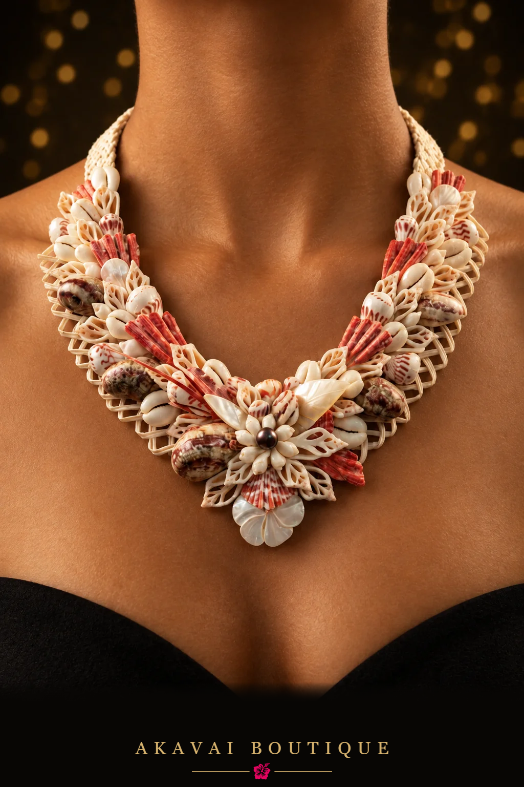 Collier URARII en coquillages rouges et blancs de Polynésie porté – Akavai Boutique